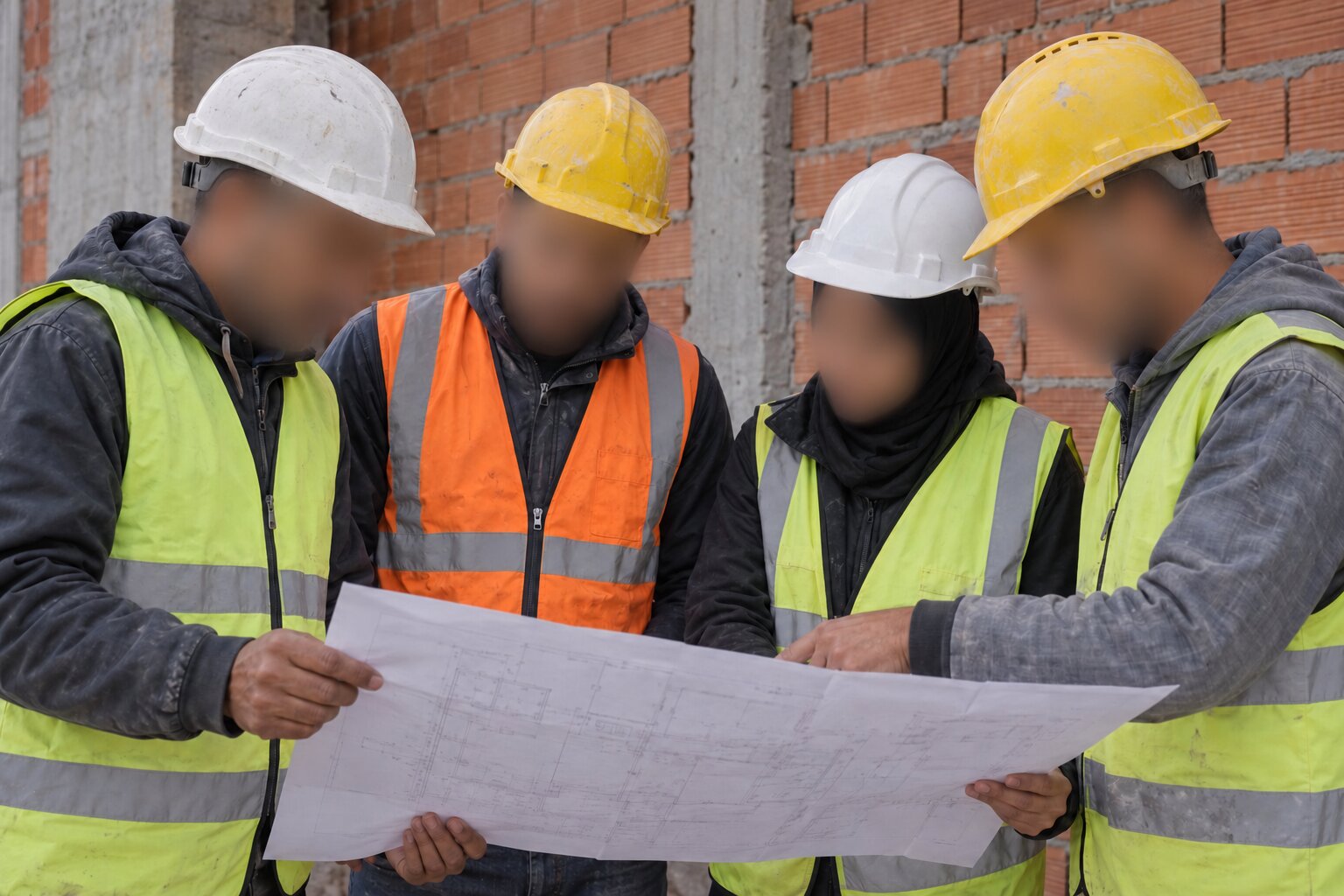Mise en scène illustrative d’une équipe de construction autour de plans